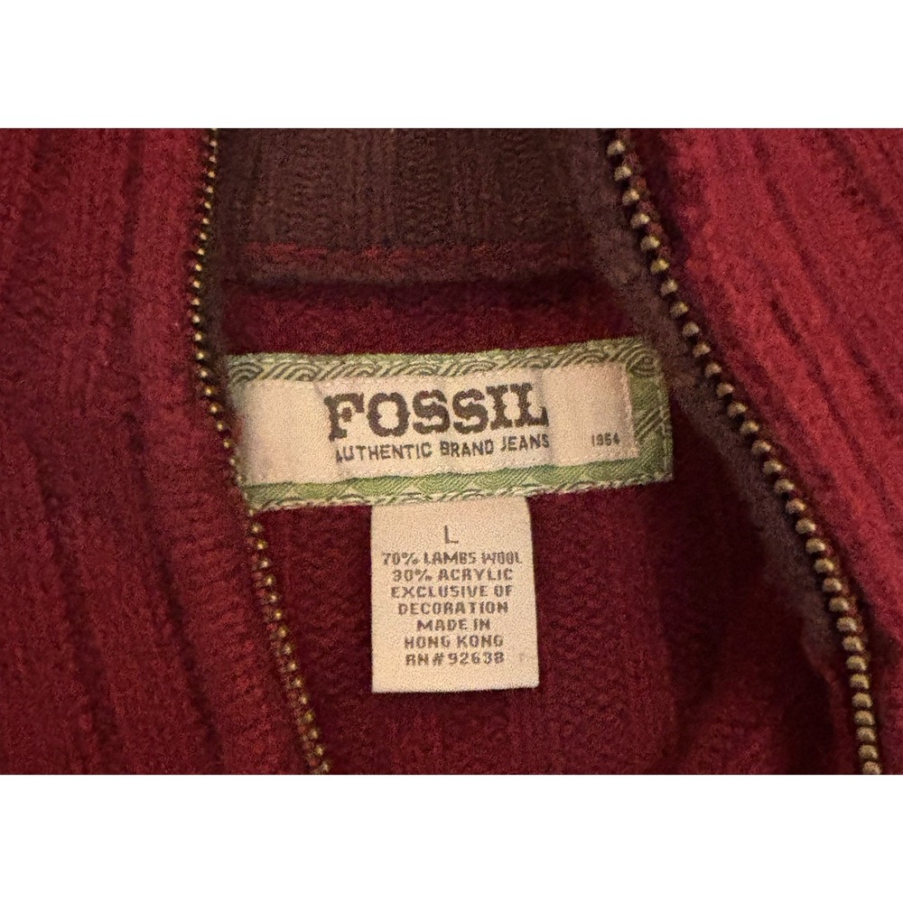 VTG Fossil 1/4 zip ribbed pullover Ribbed Elbow Patch Wool Blend Mens Sz L Red - Picture 4 of 7